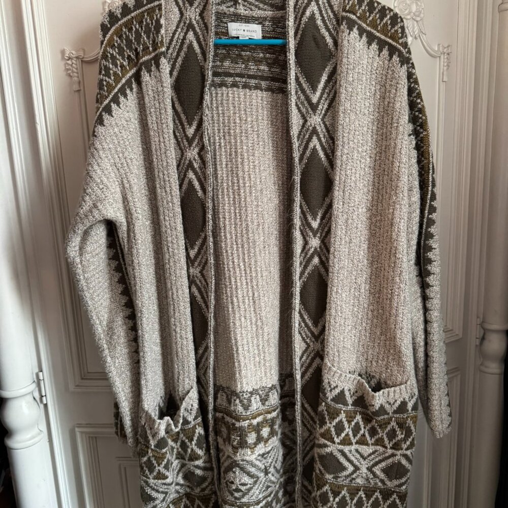 Lucky Brand cream & olive green grandpa cardigan w/ pockets, women's size medium